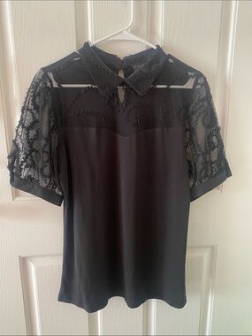 Sheer Lace Yoke Black Blouse with Collar